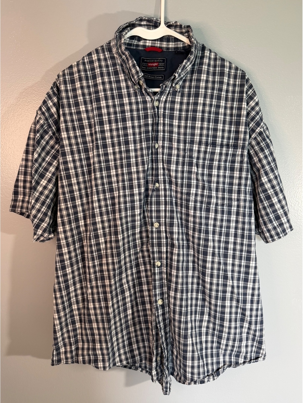 Wrangler Men's XL Cool River Cotton Short Sleeve Dress Shirt - Navy Blue Plaid